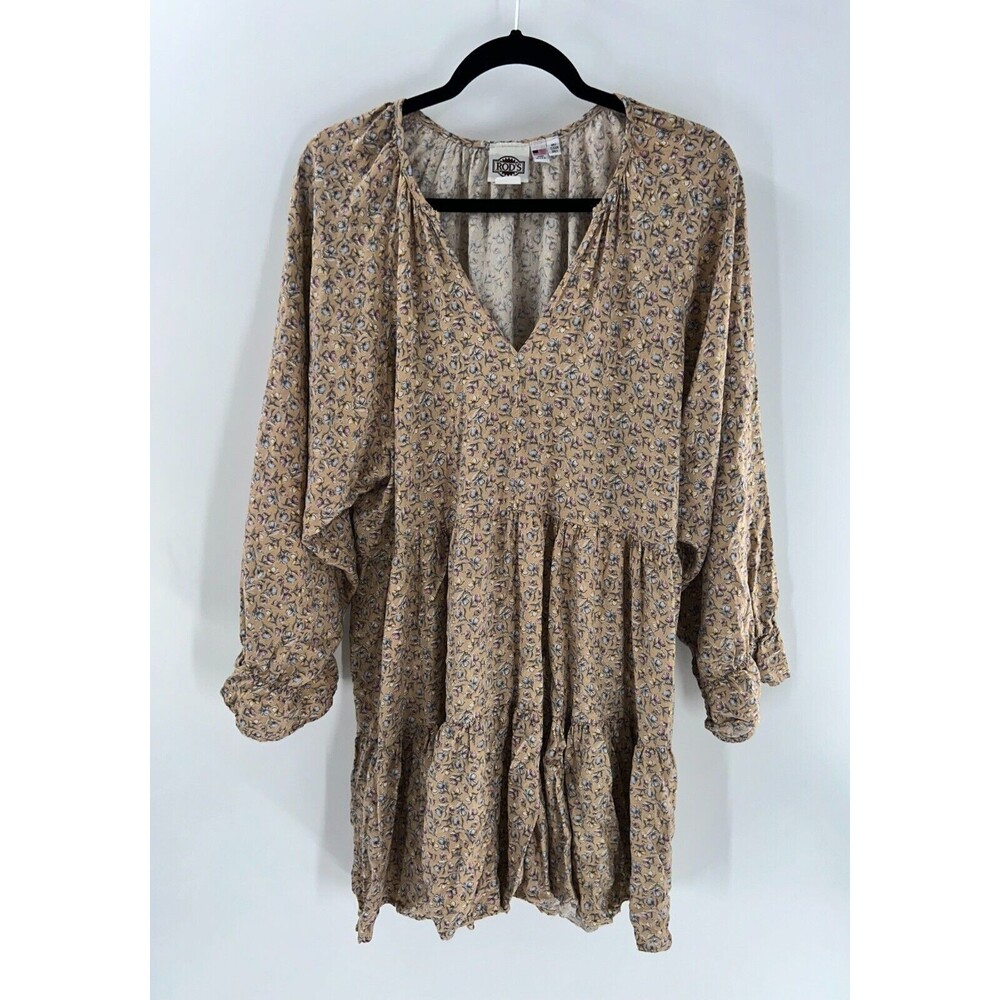Women's Rod's Floral Rayon Linen V-neck BOHO Tiered Tunic Dress Top Size XXL